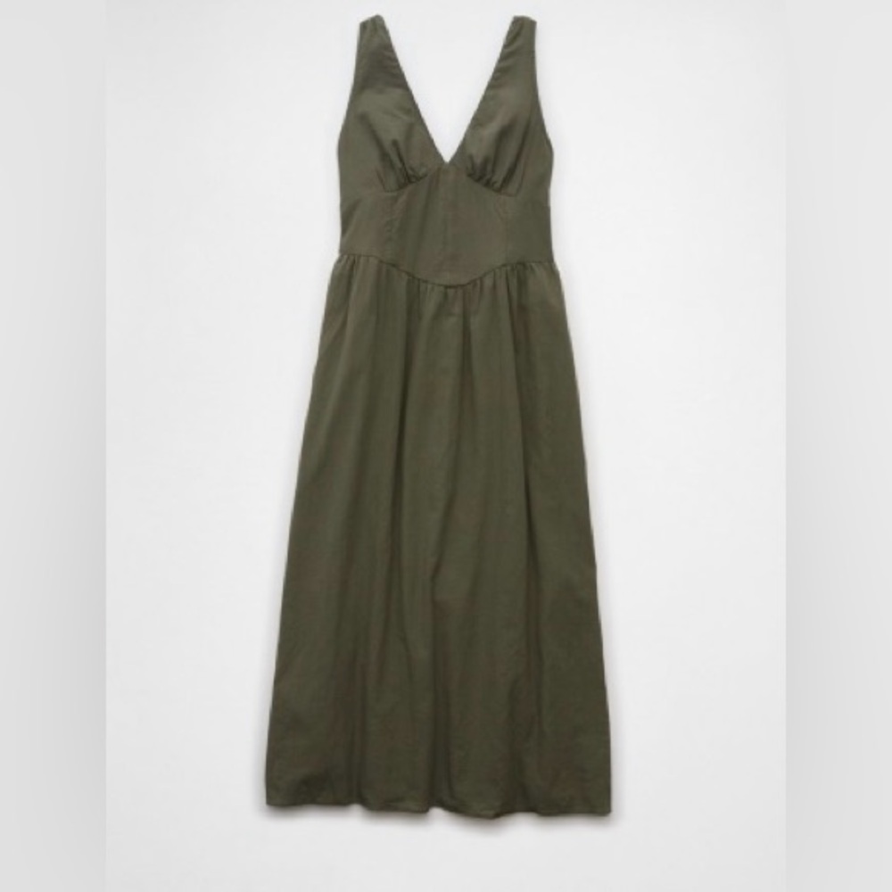 American Eagle Green V-Neck Corset Midi Dress